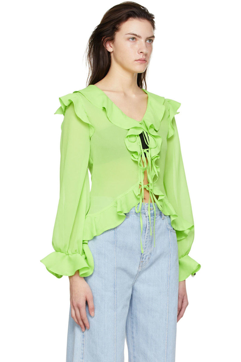 Polyester crepe blouse. Ruffled detailing throughout.

· Boat neck
· Self-tie closure
· Elasticized cuffs
· Button closure at back

Supplier color: Neon green