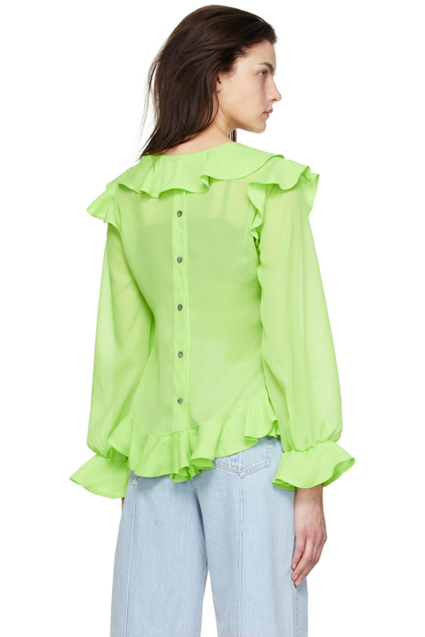 Polyester crepe blouse. Ruffled detailing throughout.

· Boat neck
· Self-tie closure
· Elasticized cuffs
· Button closure at back

Supplier color: Neon green