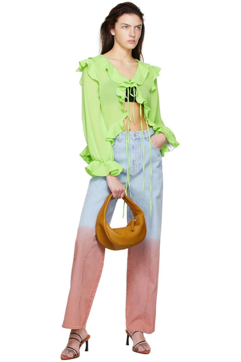 Polyester crepe blouse. Ruffled detailing throughout.

· Boat neck
· Self-tie closure
· Elasticized cuffs
· Button closure at back

Supplier color: Neon green
