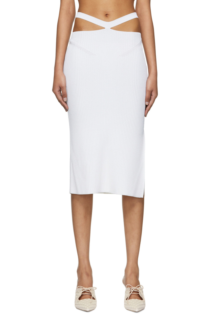 Rib knit viscose skirt. 

· Cut-out at waistband
· Vented outseam

Supplier color: White