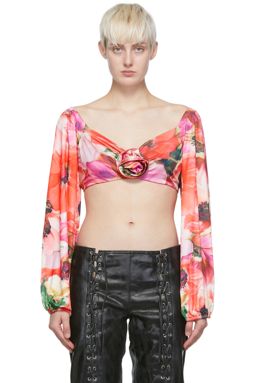 Stretch acetate jersey blouse. Floral pattern printed throughout.

· Sweetheart neckline
· Handcrafted graphic accent at front
· Puff sleeves
· Elasticized cuffs and hem


Supplier color: Flower nuances