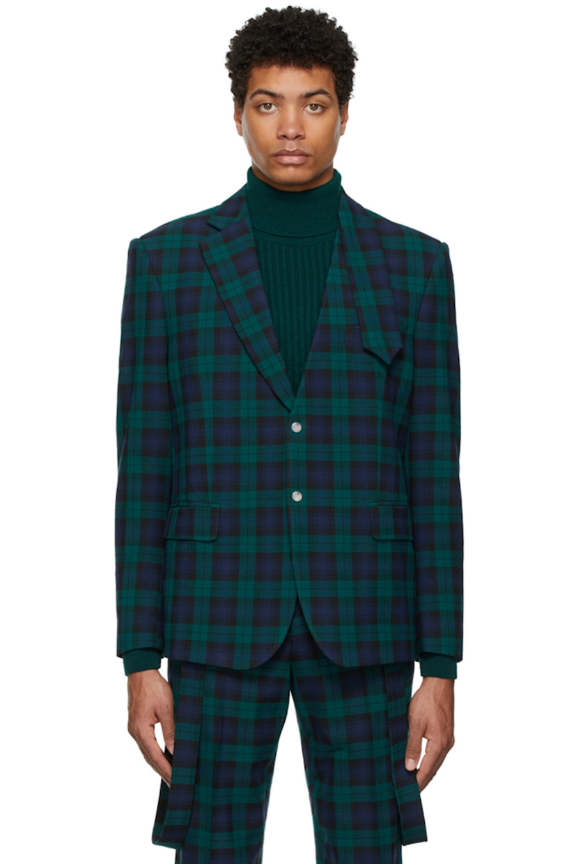 Long sleeve wool twill blazer featuring check pattern in navy, green, and black.

· Modified notched lapel collar
· Two-button closure at front
· Flap pockets at waist
· Fully lined

Supplier color: Green/Navy