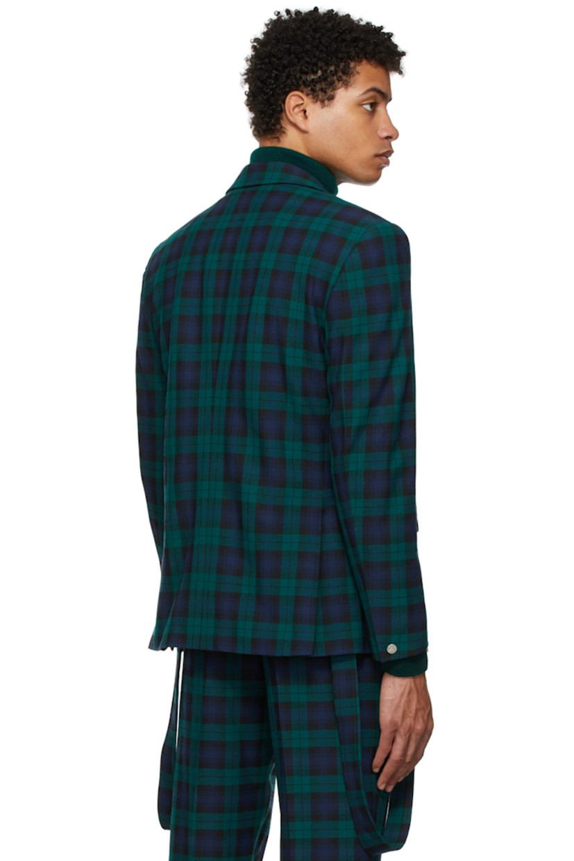 Long sleeve wool twill blazer featuring check pattern in navy, green, and black.

· Modified notched lapel collar
· Two-button closure at front
· Flap pockets at waist
· Fully lined

Supplier color: Green/Navy