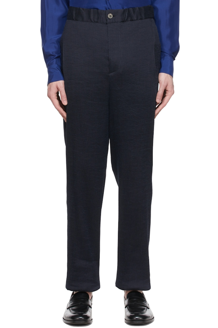 Straight-leg stretch ramie and cotton-blend trousers striped in navy and black.

· Mid-rise
· Three-pocket styling
· Zip-fly 
· Unfinished hem

Supplier color: Blue navy