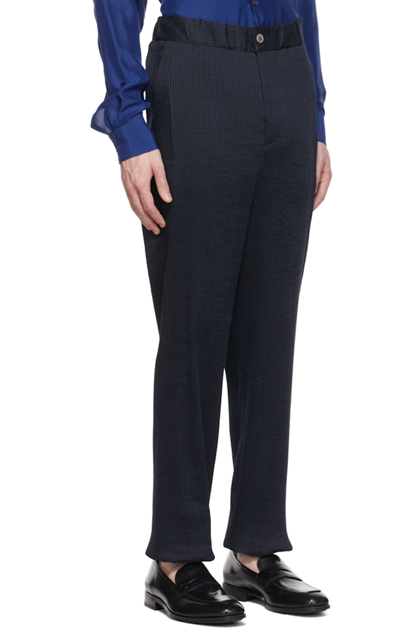 Straight-leg stretch ramie and cotton-blend trousers striped in navy and black.

· Mid-rise
· Three-pocket styling
· Zip-fly 
· Unfinished hem

Supplier color: Blue navy
