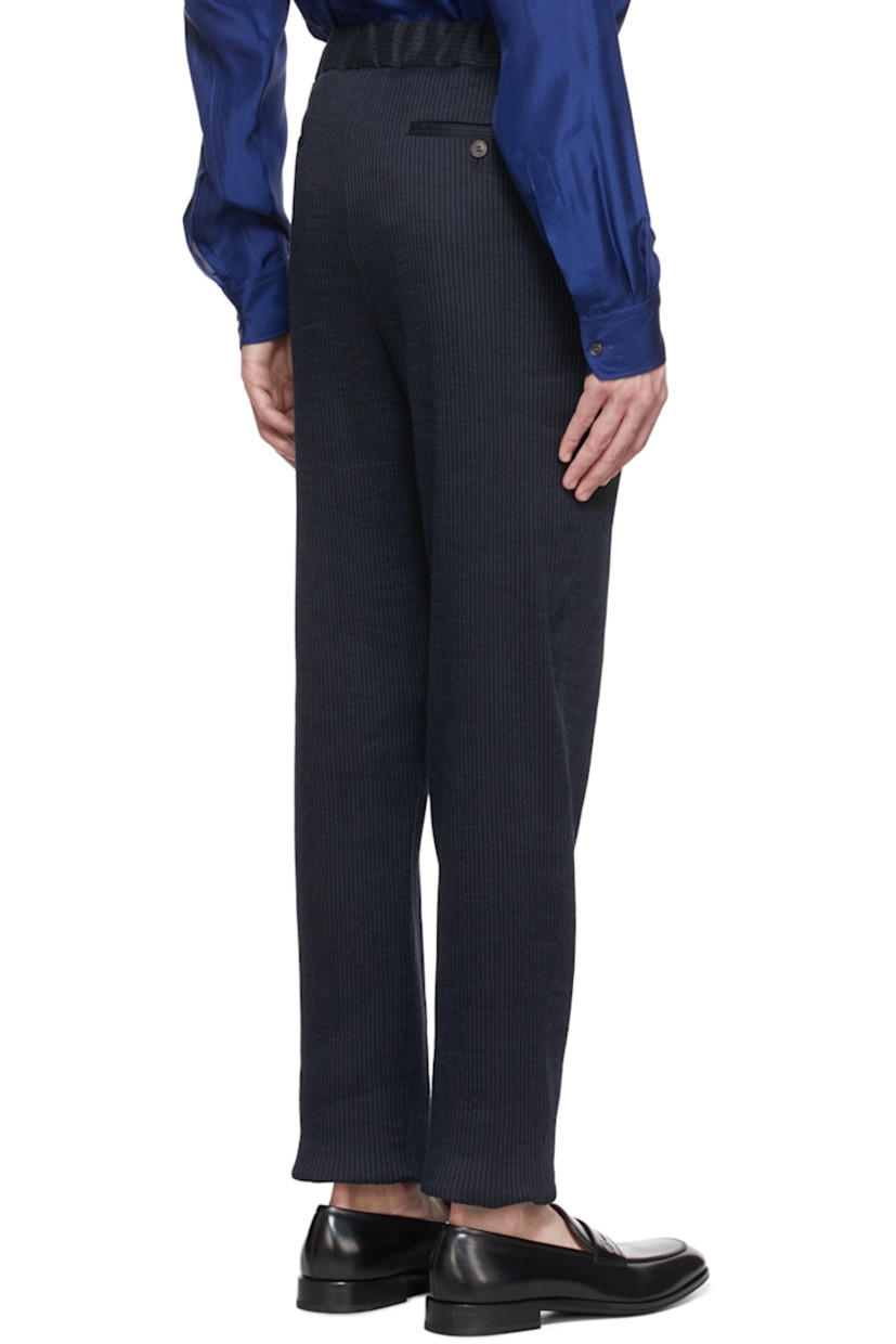 Straight-leg stretch ramie and cotton-blend trousers striped in navy and black.

· Mid-rise
· Three-pocket styling
· Zip-fly 
· Unfinished hem

Supplier color: Blue navy