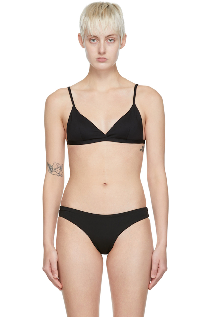 Stretch nylon jersey bikini top. 

· Fixed shoulder straps
· Removable padding at cups
· Darts at chest
· Self-tie fastening at back
· Full jersey lining

Supplier color: Black