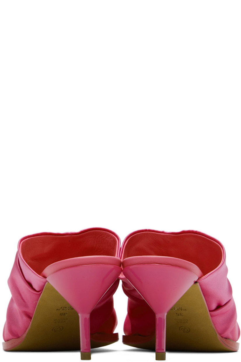 Satin slip-on heeled sandals in pink.

· Ruching at vamp 
· Logo printed at padded leather footbed 
· Covered stiletto heel with rubber injection
· Leather sole in beige 
· Heel: H2.75 in 

Supplier color: Carnation