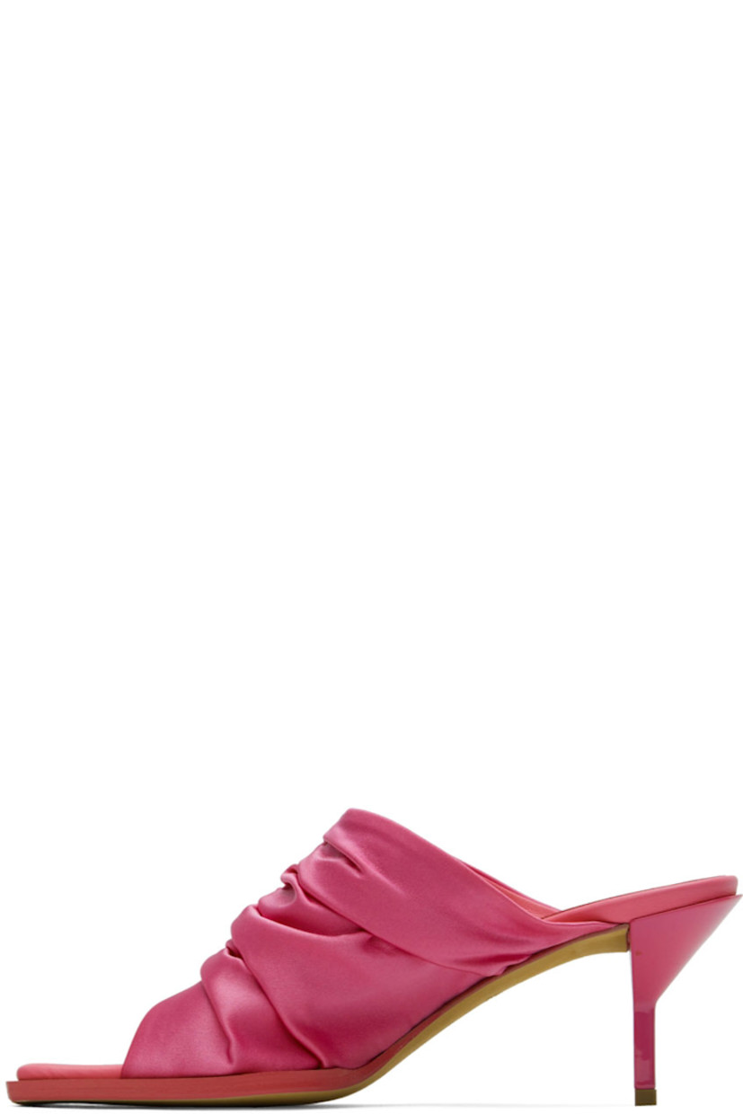 Satin slip-on heeled sandals in pink.

· Ruching at vamp 
· Logo printed at padded leather footbed 
· Covered stiletto heel with rubber injection
· Leather sole in beige 
· Heel: H2.75 in 

Supplier color: Carnation