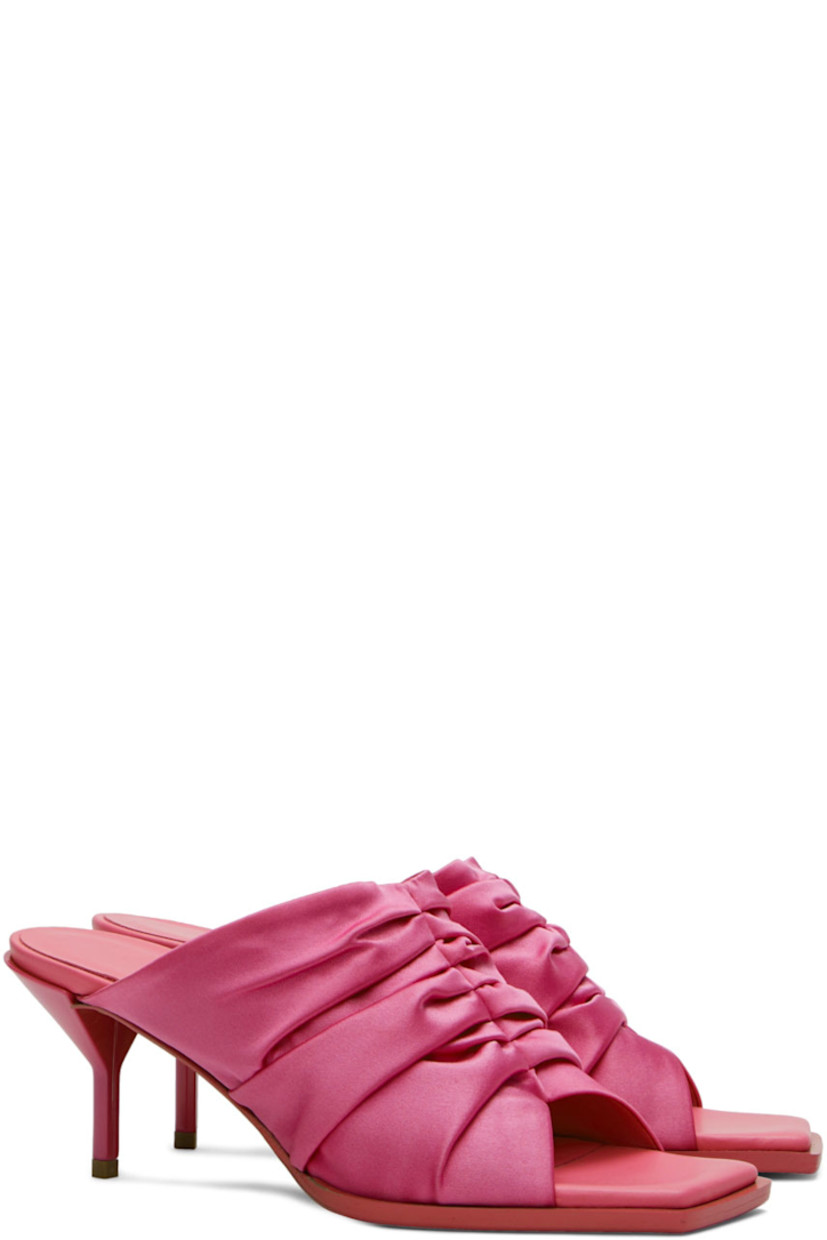 Satin slip-on heeled sandals in pink.

· Ruching at vamp 
· Logo printed at padded leather footbed 
· Covered stiletto heel with rubber injection
· Leather sole in beige 
· Heel: H2.75 in 

Supplier color: Carnation