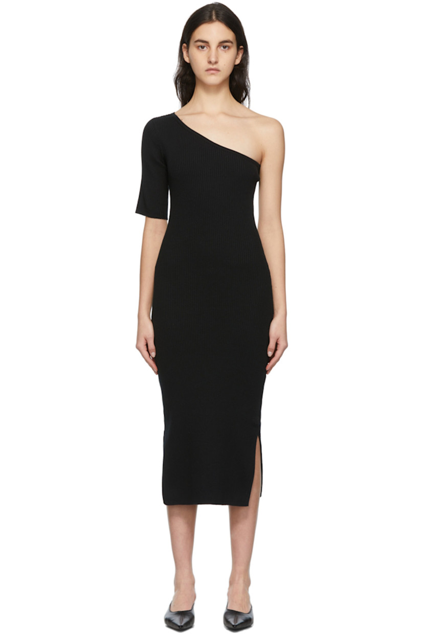 Single-shoulder rib knit cotton-blend mid-length dress in black. 

· Asymmetric neckline
· Vented side-seams

Supplier color: Black