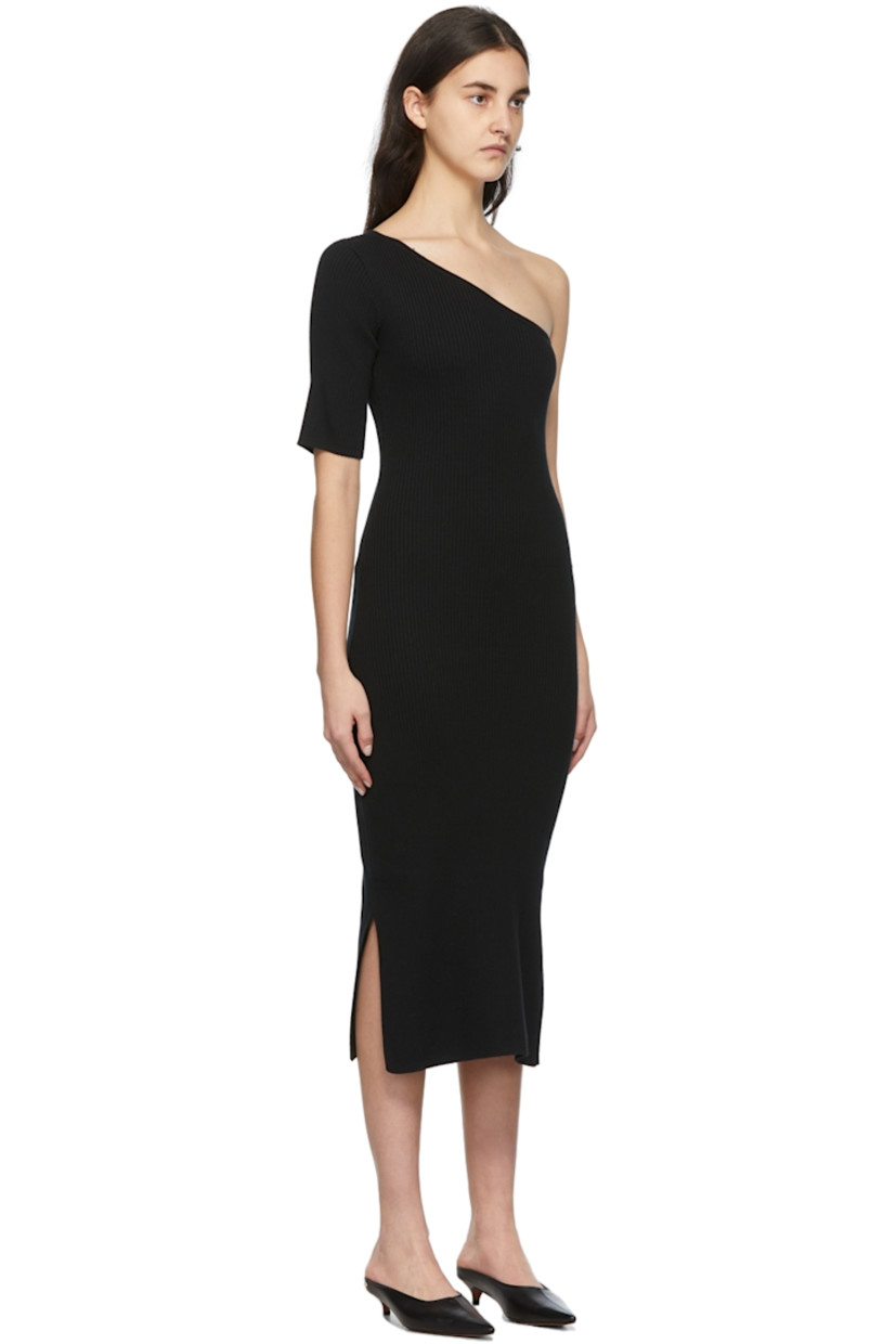 Single-shoulder rib knit cotton-blend mid-length dress in black. 

· Asymmetric neckline
· Vented side-seams

Supplier color: Black