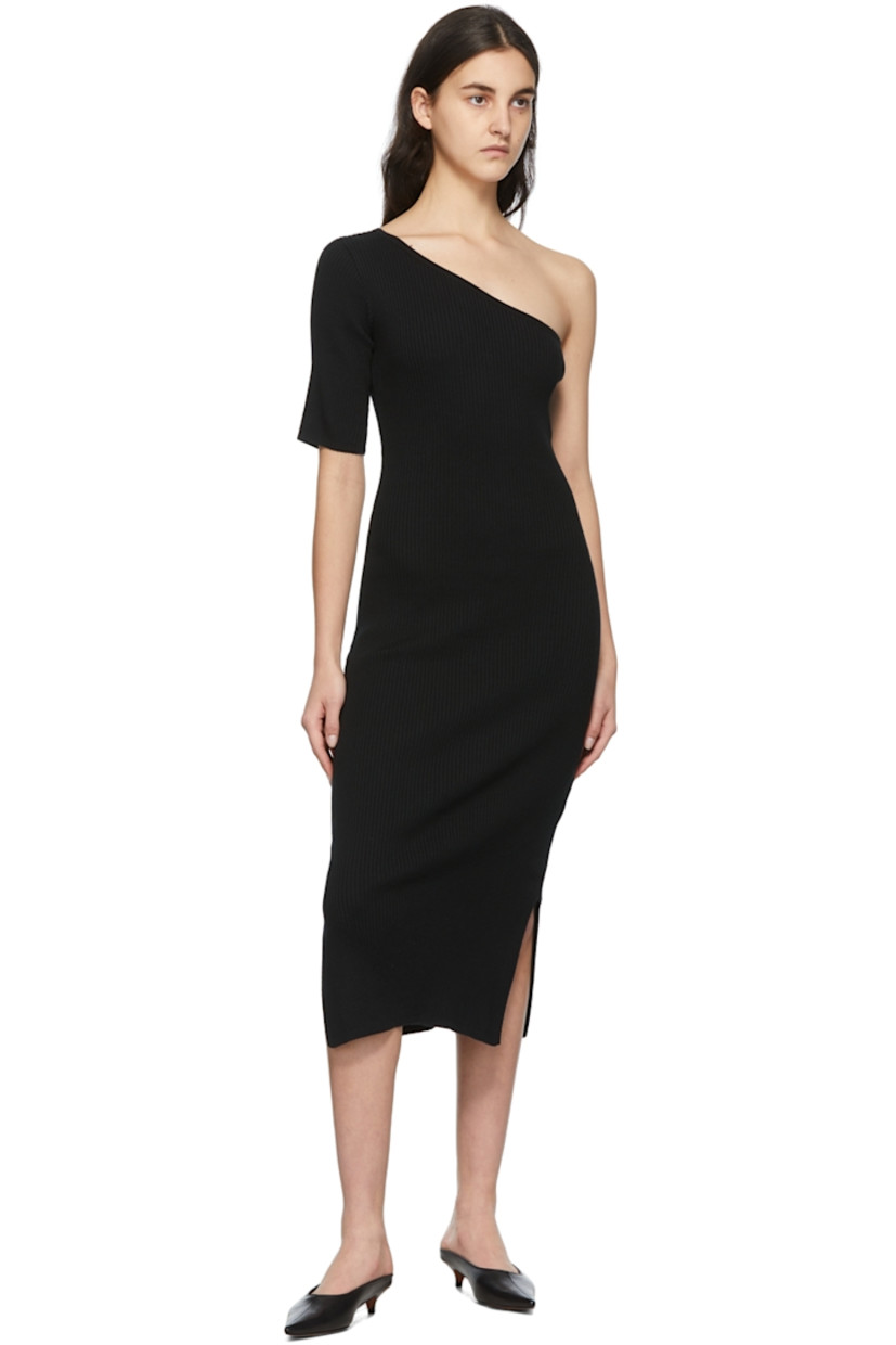 Single-shoulder rib knit cotton-blend mid-length dress in black. 

· Asymmetric neckline
· Vented side-seams

Supplier color: Black