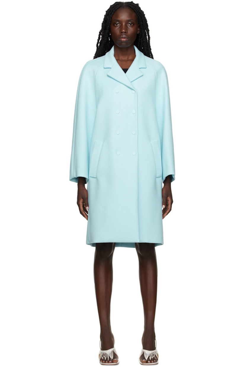 Long sleeve stretch viscose and nylon-blend twill coat in blue.

· Notched lapel collar
· Double-breasted button closure
· Welt pockets at waist
· Crystal-cut logo appliqué at back collar
· Unlined

Supplier color: Blue