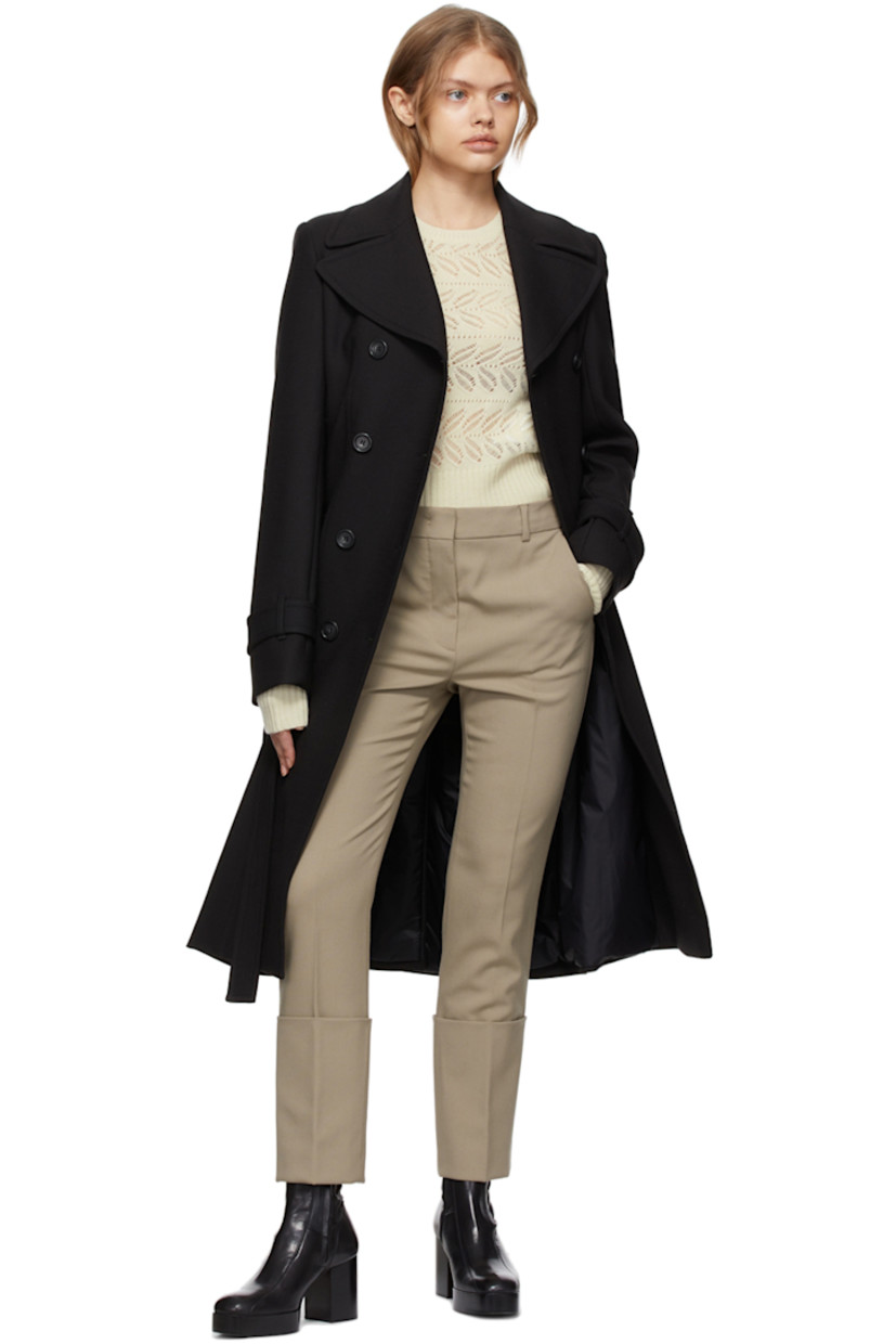 Straight-leg plain woven wool trousers in beige.

· Mid-rise
· Four-pocket styling
· Belt loops at waistband
· Cuffed hem

Supplier color: Dry everblack