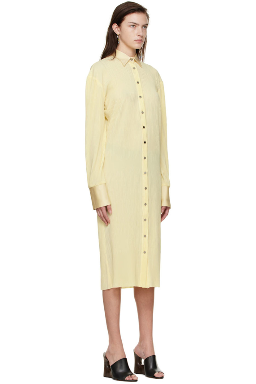 Garment-pleated polyester satin dress.

· Spread collar
· Button closure
· Vented cuffs
· Logo-engraved silver-tone hardware

Supplier color: Eggshell