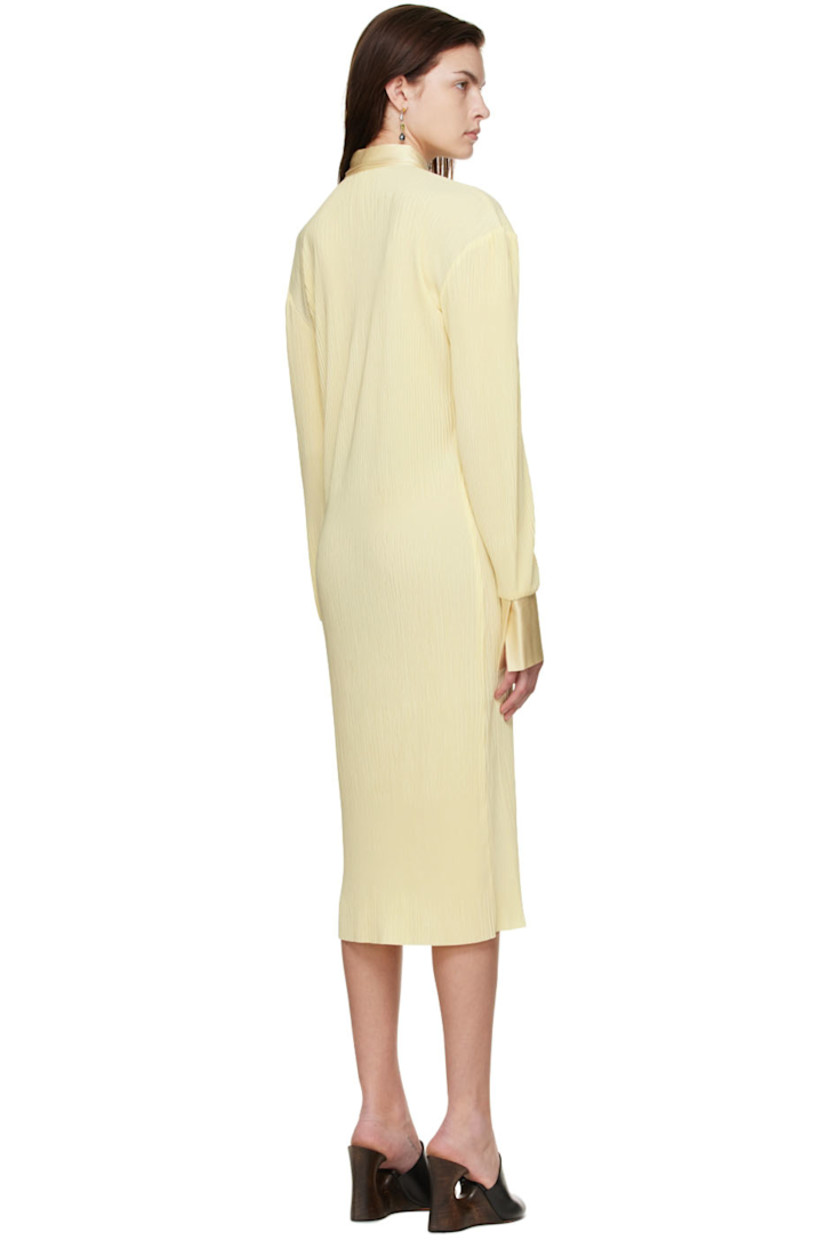 Garment-pleated polyester satin dress.

· Spread collar
· Button closure
· Vented cuffs
· Logo-engraved silver-tone hardware

Supplier color: Eggshell