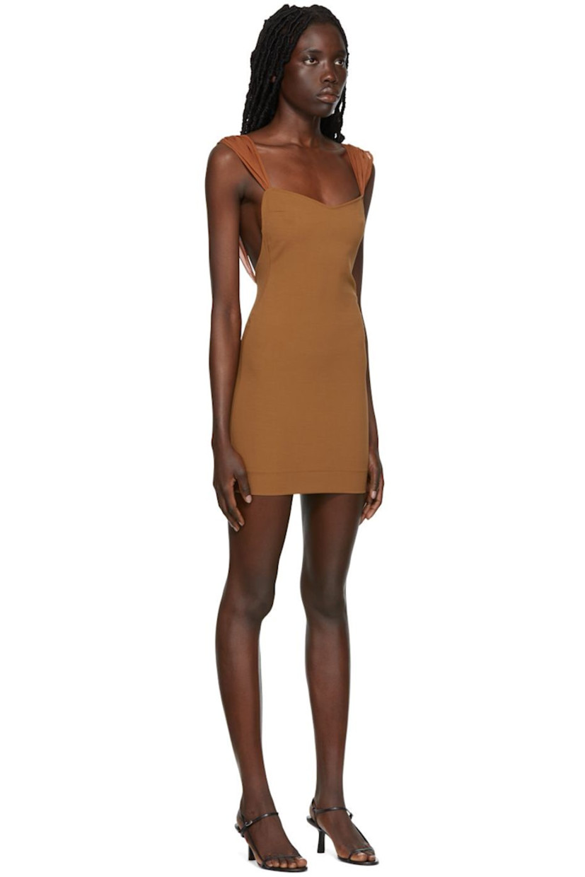 Paneled semi-sheer stretch viscose-blend organza dress.

· Sweetheart neck
· Dart at cups
· Zip closure at side-seam
· Low back

Supplier color: Brown