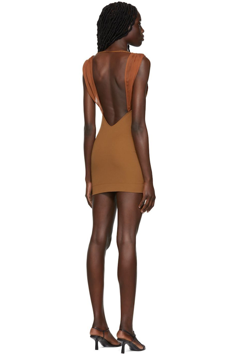 Paneled semi-sheer stretch viscose-blend organza dress.

· Sweetheart neck
· Dart at cups
· Zip closure at side-seam
· Low back

Supplier color: Brown