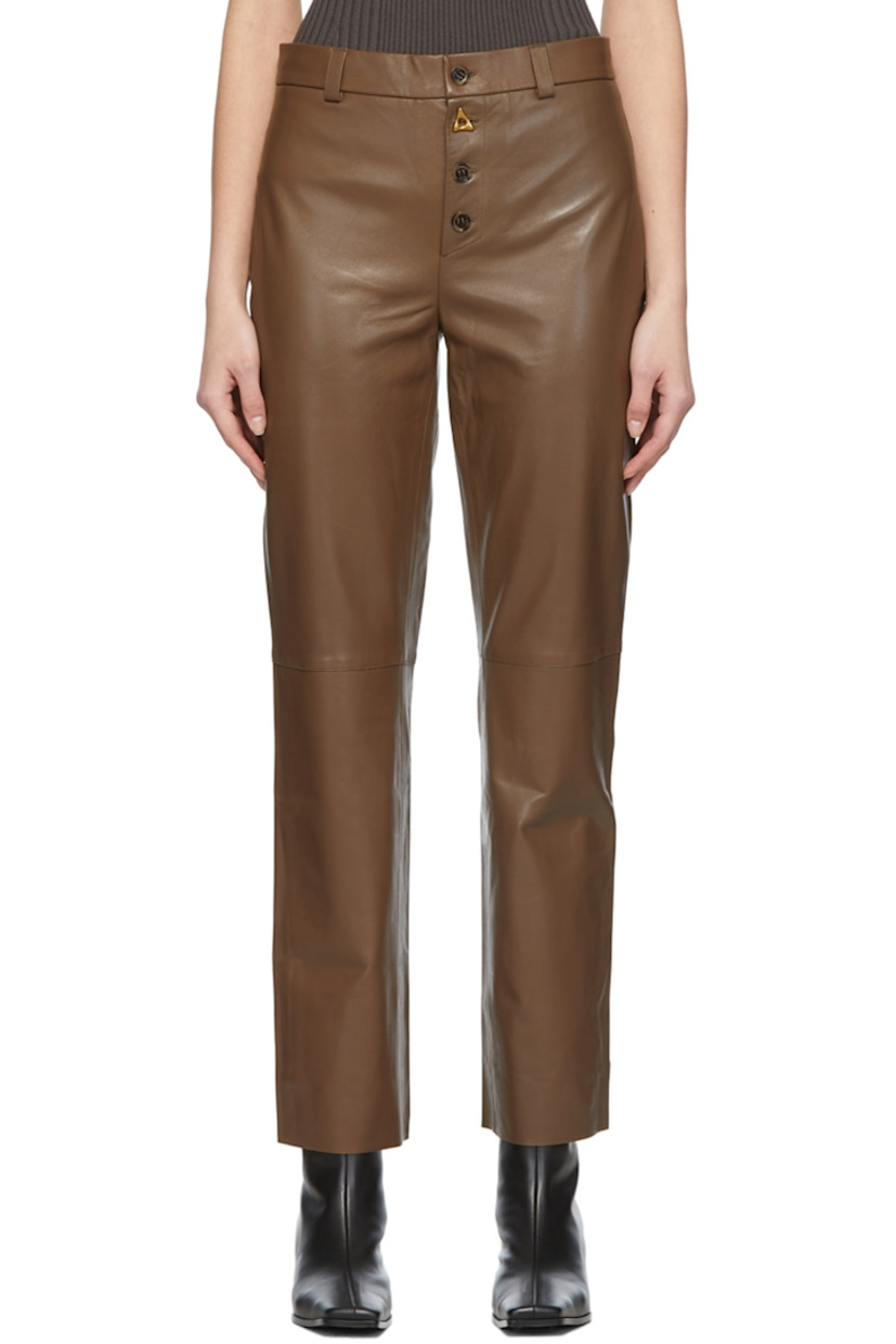 Straight-leg lambskin trousers in taupe. 

· High-rise
· Two-pocket styling
· Button-fly featuring signature logo hardware
· Fully lined
· Gold-tone hardware

Supplier color: Taupe