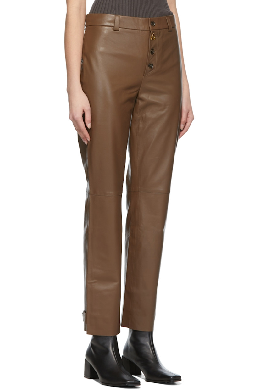 Straight-leg lambskin trousers in taupe. 

· High-rise
· Two-pocket styling
· Button-fly featuring signature logo hardware
· Fully lined
· Gold-tone hardware

Supplier color: Taupe