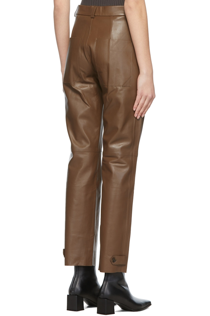 Straight-leg lambskin trousers in taupe. 

· High-rise
· Two-pocket styling
· Button-fly featuring signature logo hardware
· Fully lined
· Gold-tone hardware

Supplier color: Taupe