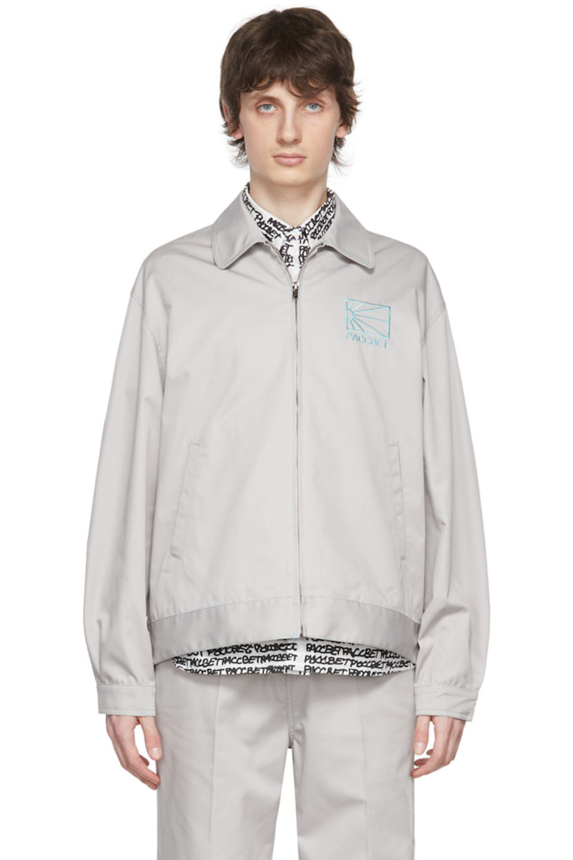 Polyester and cotton-blend twill jacket. Contrast stitching throughout.

· Spread collar
· Zip closure
· Logo graphic embroidered at chest
· Welt pockets
· Two-button barrel cuffs
· Adjustable buttoned tabs at hem

Supplier color: Grey