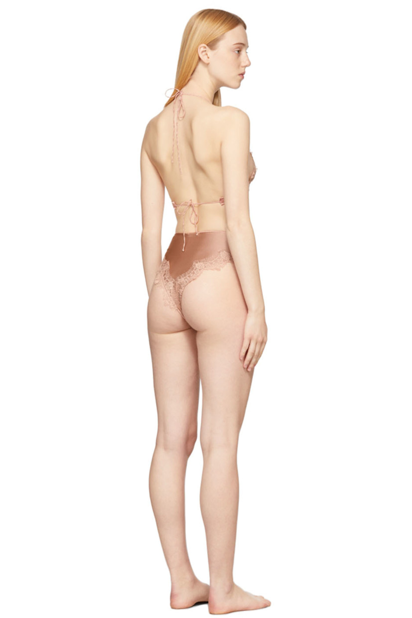 Stretch nylon jersey bikini top in pink featuring tonal lace trim throughout.

· Self-tie fastening
· Unlined

Stretch nylon jersey bikini bottoms in pink featuring tonal lace trim throughout.

· High-rise
· Partially lined

Supplier color: Champagne rose