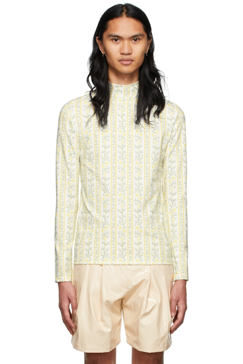 Long sleeve stretch jersey T-shirt in white featuring graphic pattern printed in yellow and green. Mock neck collar.

Supplier color: Floral stripes