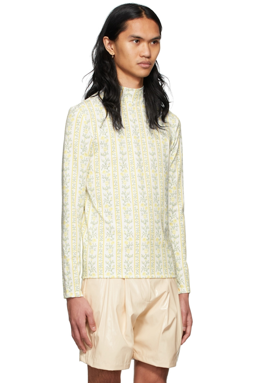 Long sleeve stretch jersey T-shirt in white featuring graphic pattern printed in yellow and green. Mock neck collar.

Supplier color: Floral stripes