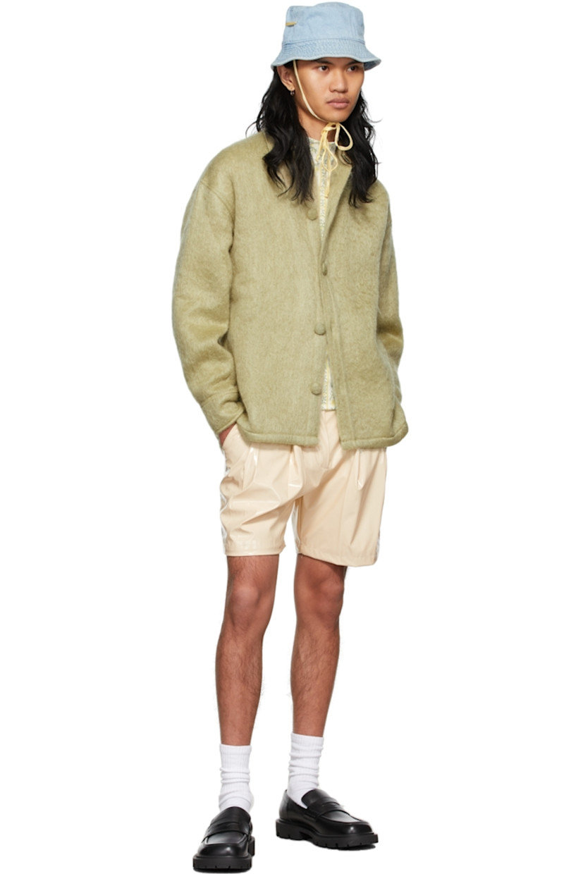 Long sleeve stretch jersey T-shirt in white featuring graphic pattern printed in yellow and green. Mock neck collar.

Supplier color: Floral stripes