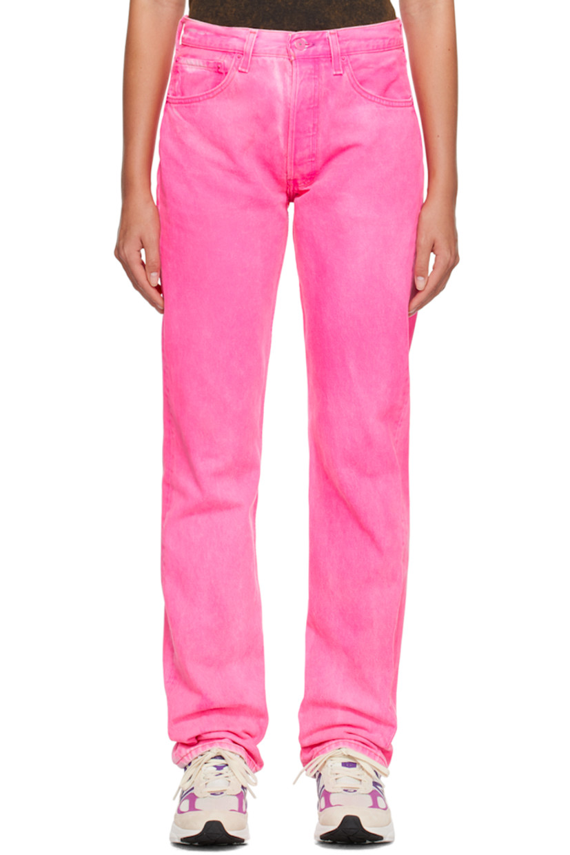 Upcycled non-stretch denim jeans. Fading throughout.

· Belt loops
· Five-pocket styling
· Button-fly
· Logo patch at back waistband

Each item is unique. Please note that coloration may vary.

Supplier color: Neon rosa