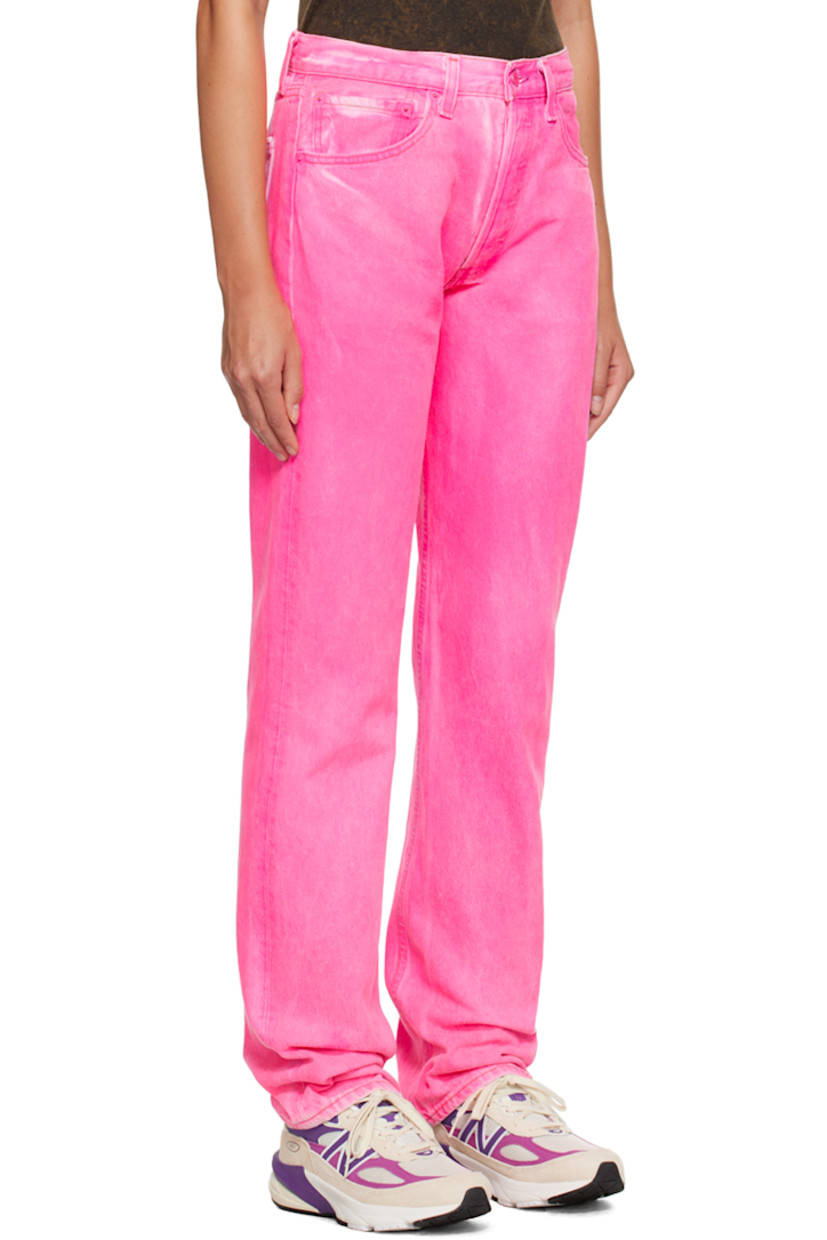 Upcycled non-stretch denim jeans. Fading throughout.

· Belt loops
· Five-pocket styling
· Button-fly
· Logo patch at back waistband

Each item is unique. Please note that coloration may vary.

Supplier color: Neon rosa