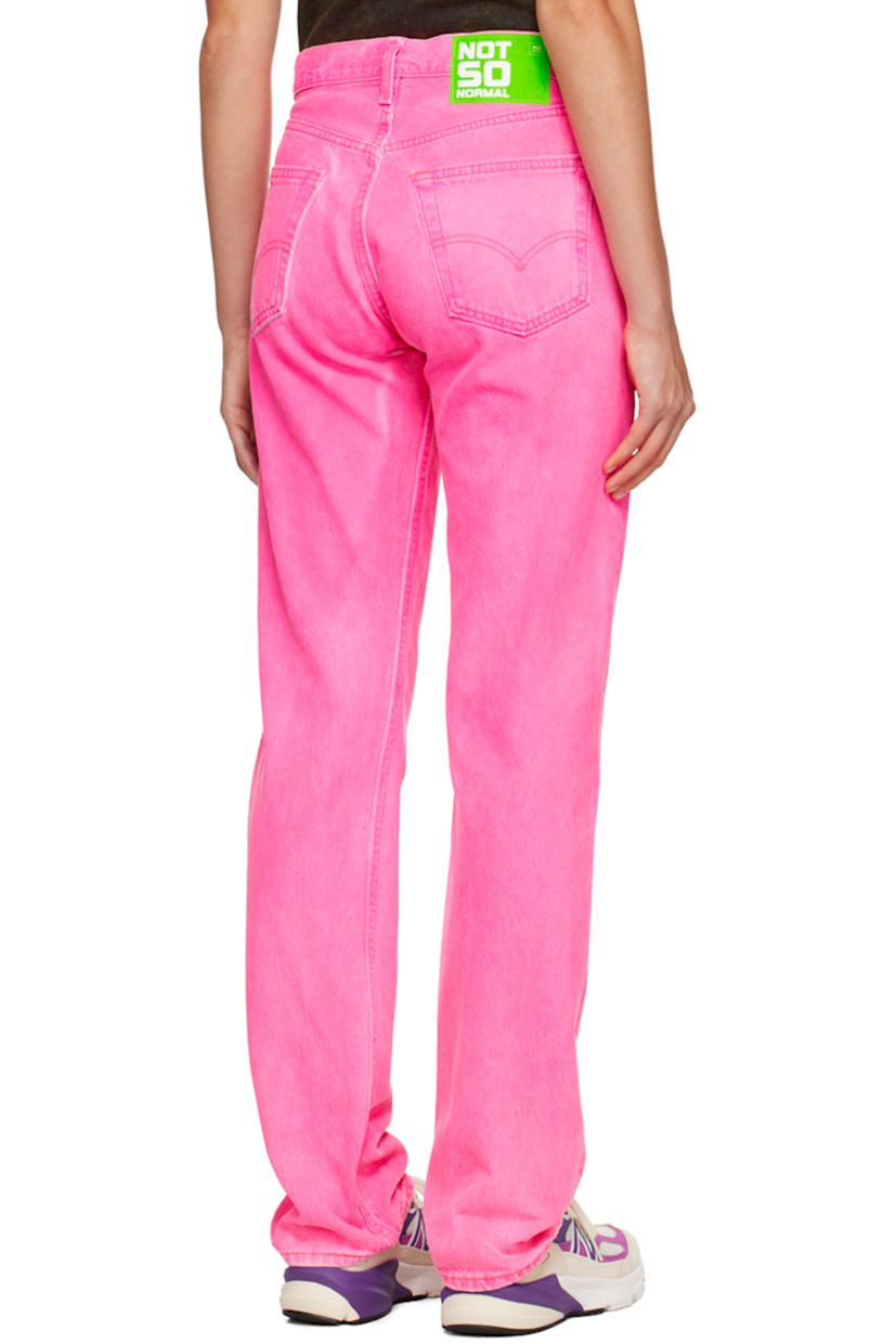 Upcycled non-stretch denim jeans. Fading throughout.

· Belt loops
· Five-pocket styling
· Button-fly
· Logo patch at back waistband

Each item is unique. Please note that coloration may vary.

Supplier color: Neon rosa