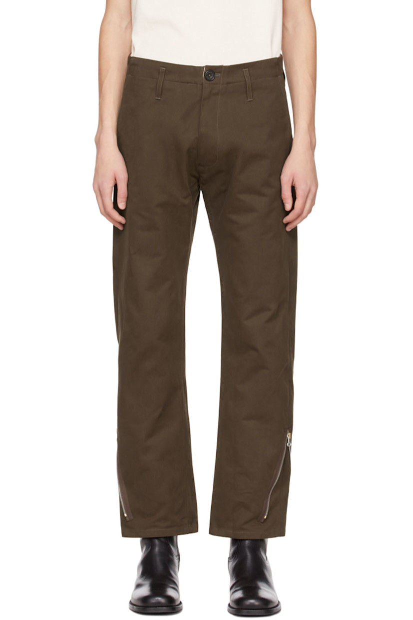 Cotton twill trousers. 

· Belt loops
· Zip-fly
· Four-pocket styling
· Exposed zip fastening at cuffs 
· Silver-tone hardware

Supplier color: Brown