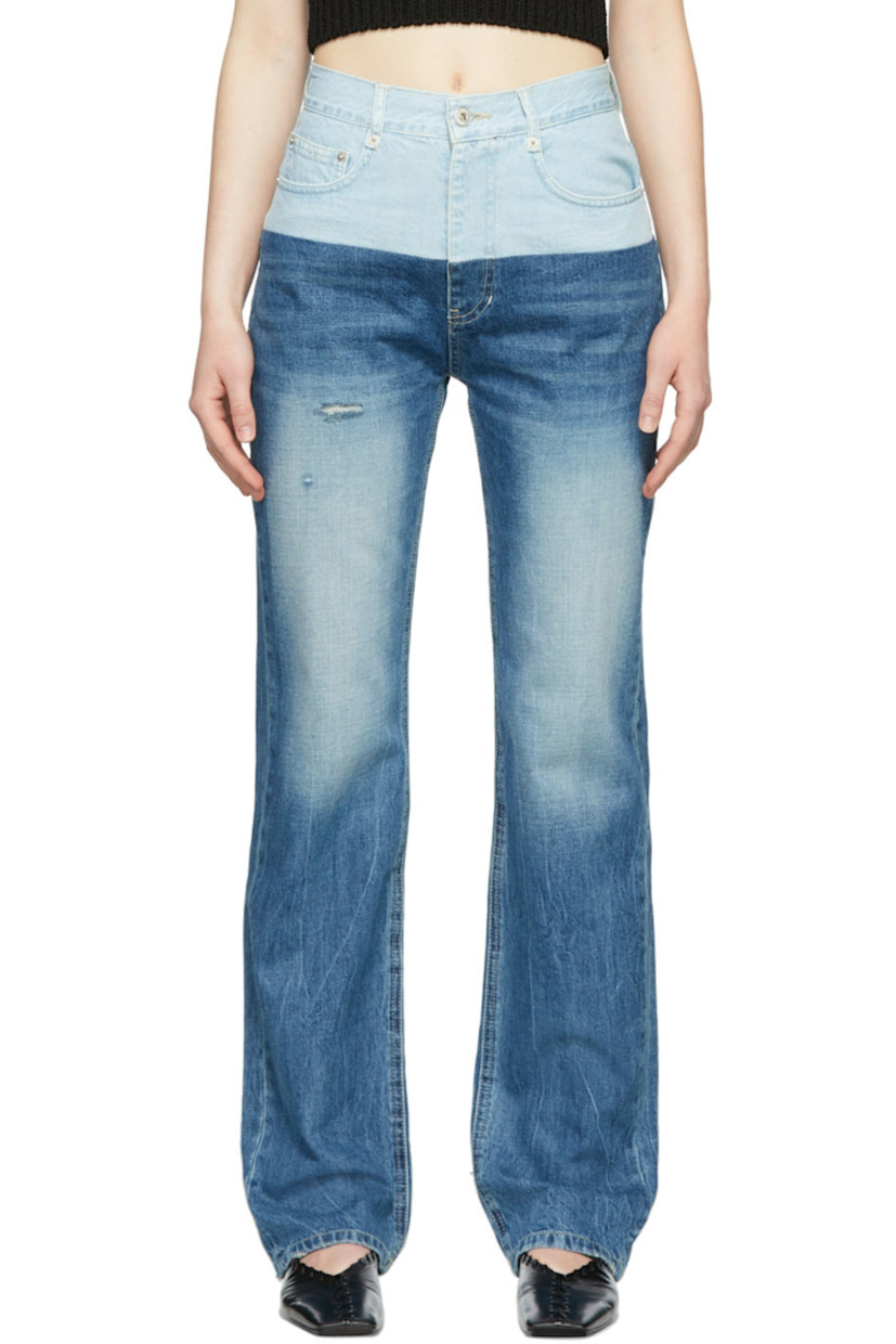 Non-stretch denim jeans. Fading and whiskering throughout.

· Belt loops
· Colorblocked panel at waistband
· Zip-fly
· Five-pocket styling

Supplier color: Blue