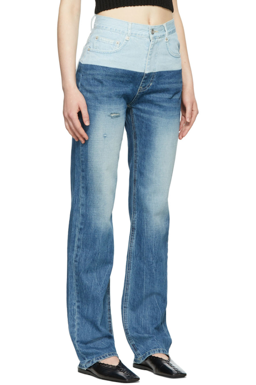 Non-stretch denim jeans. Fading and whiskering throughout.

· Belt loops
· Colorblocked panel at waistband
· Zip-fly
· Five-pocket styling

Supplier color: Blue