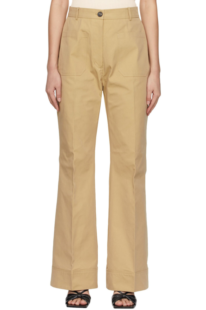 Flared cotton-blend twill trousers in beige. 

· High-rise 
· Four-pocket styling
· Central creases at front and back
· Zip-fly

Supplier color: Beige
