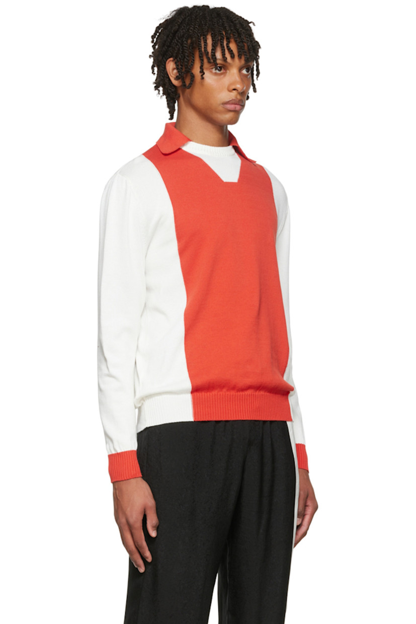 Knit cotton polo. 

· Spread collar
· Rib knit crewneck, cuffs, and hem

Supplier color: White/Red