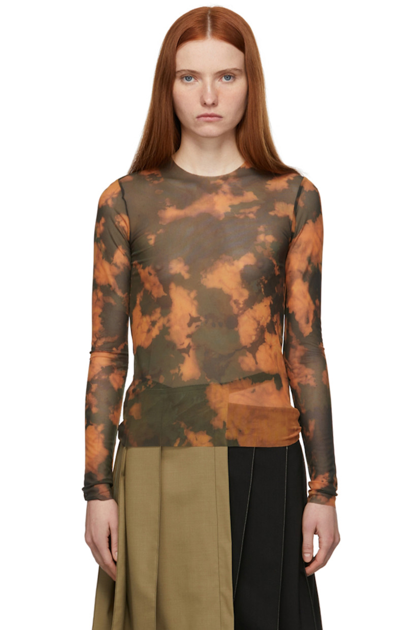 Long sleeve stretch recycled nylon mesh T-shirt in orange featuring tie-dye pattern in tones of green. Raw edge at crewneck collar, cuffs, and hem. 

Available exclusively at SSENSE.

Supplier color: Yellow tie dye