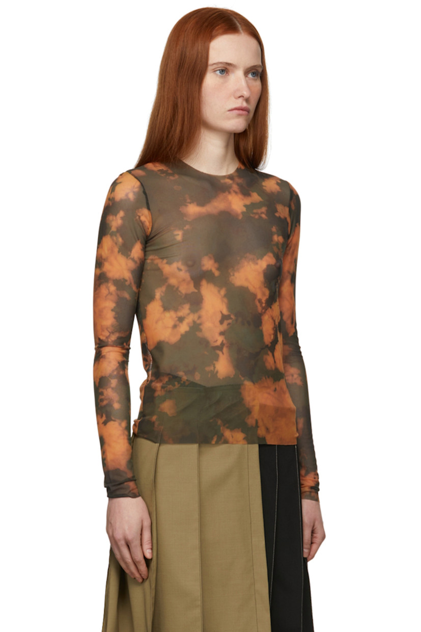 Long sleeve stretch recycled nylon mesh T-shirt in orange featuring tie-dye pattern in tones of green. Raw edge at crewneck collar, cuffs, and hem. 

Available exclusively at SSENSE.

Supplier color: Yellow tie dye