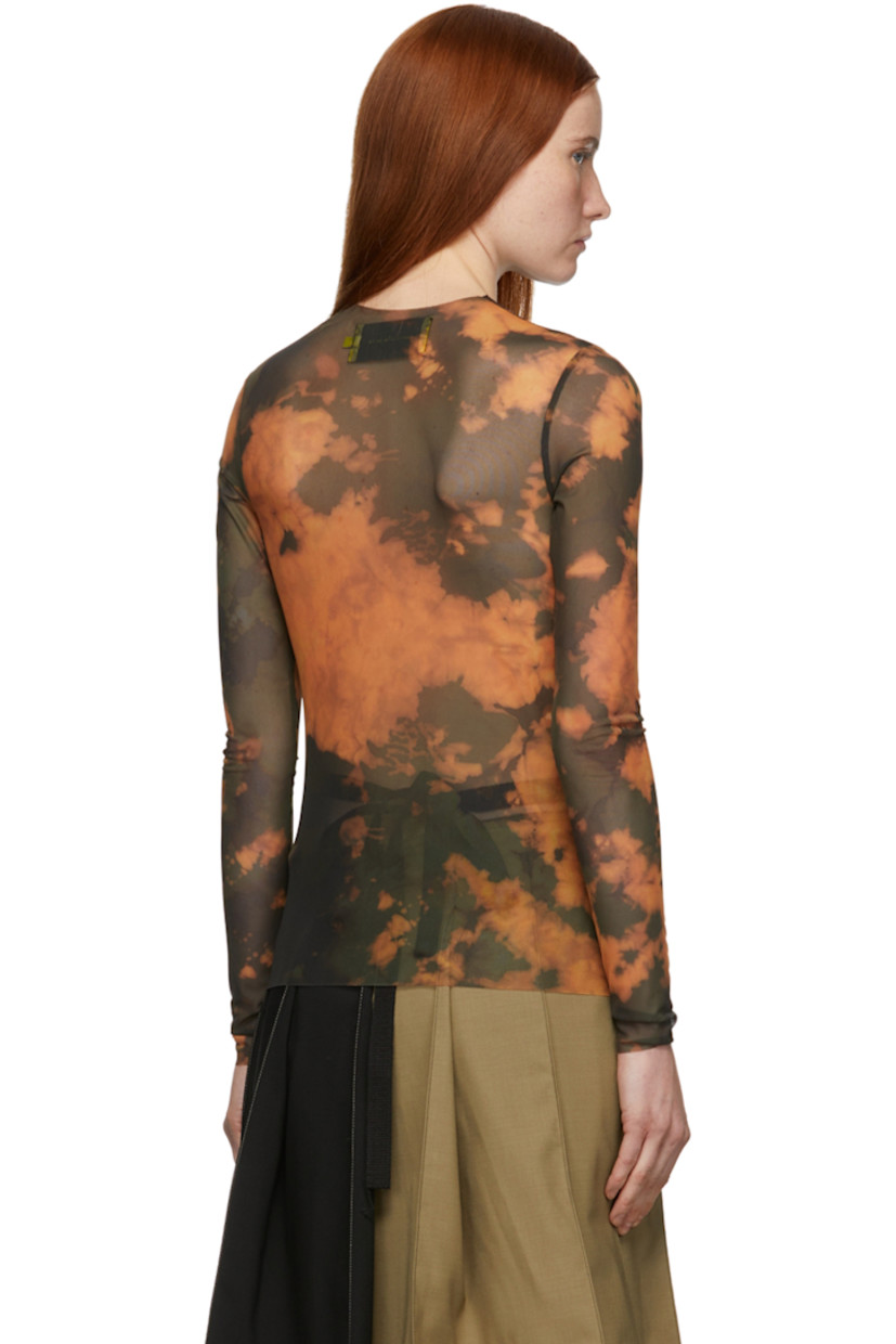 Long sleeve stretch recycled nylon mesh T-shirt in orange featuring tie-dye pattern in tones of green. Raw edge at crewneck collar, cuffs, and hem. 

Available exclusively at SSENSE.

Supplier color: Yellow tie dye
