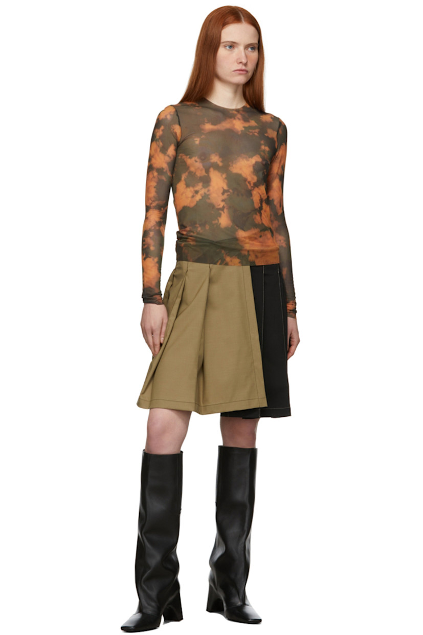 Long sleeve stretch recycled nylon mesh T-shirt in orange featuring tie-dye pattern in tones of green. Raw edge at crewneck collar, cuffs, and hem. 

Available exclusively at SSENSE.

Supplier color: Yellow tie dye