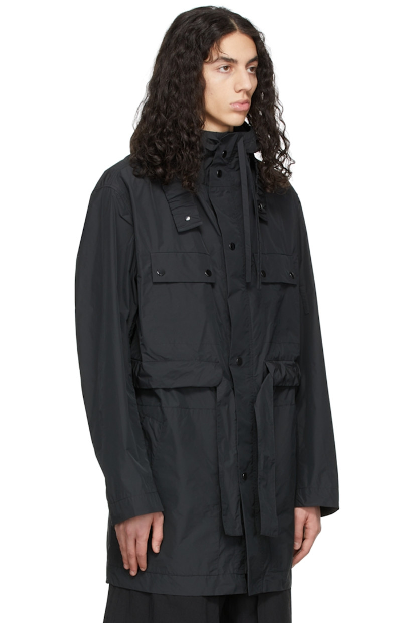 Polyester and nylon-blend sateen coat.

· Drawstring at hood
· Adjustable and detachable elasticized throat guard 
· Concealed two-way zip closure at magnetic press-stud placket 
· Flap pockets and concealed zip pockets
· Detachable self-tie belt 
· Patch pockets at interior
· Unlined

Supplier color: Black