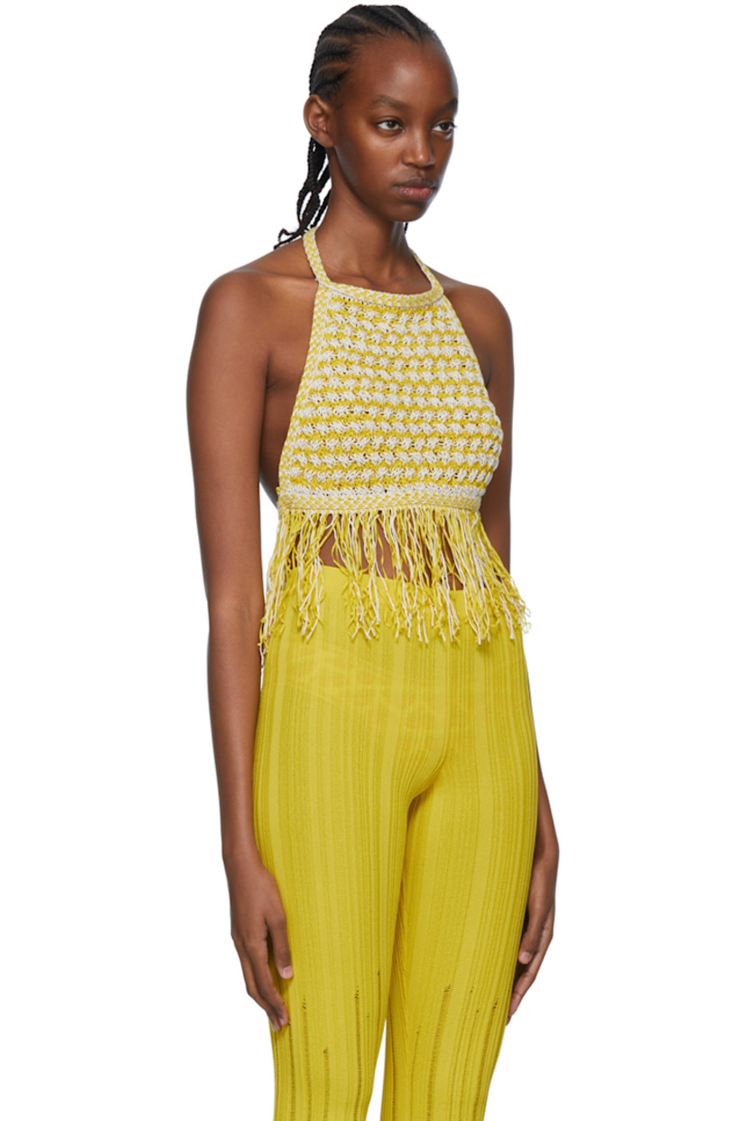 Knit cotton and linen-blend tank top.

· Self-tie halter straps
· Self-tie straps at back
· Fringe detailing at hem

Available exclusively at SSENSE.

Supplier color: Rope yellow
