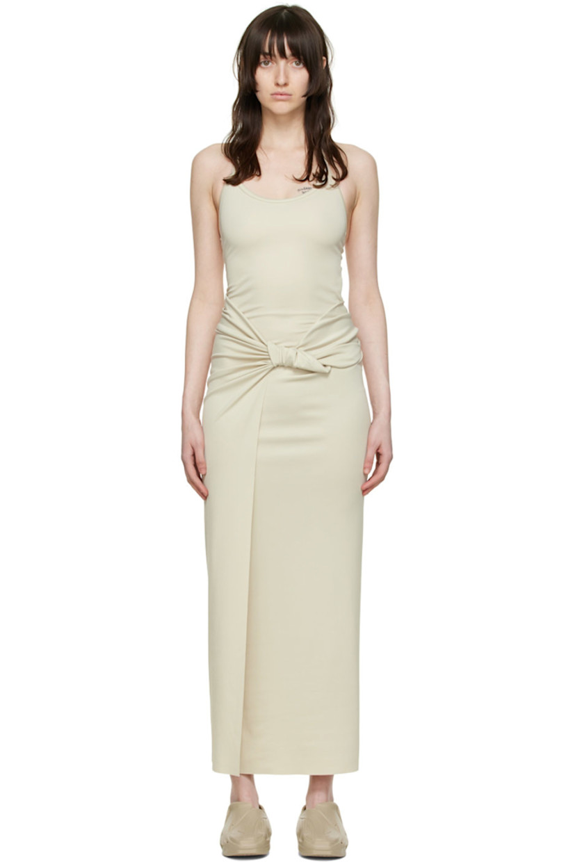 Plain-woven stretch nylon dress. 

· Halter neck
· Knotted accent and pleat at front 

Supplier color: Natural light