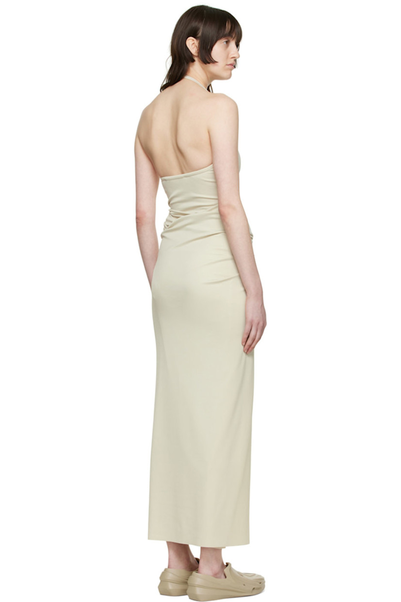 Plain-woven stretch nylon dress. 

· Halter neck
· Knotted accent and pleat at front 

Supplier color: Natural light