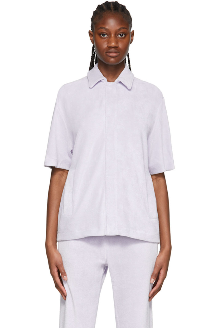 Stretch cotton and nylon-blend terrycloth shirt. 

· Spread collar 
· Concealed button closure
· Welt pockets 
· Logo embroidered at back

Supplier color: Lilac