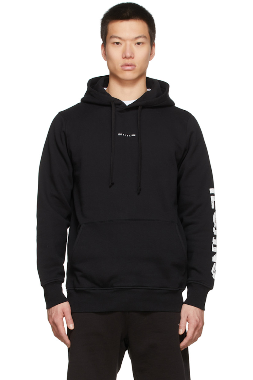 Long sleeve cotton-blend fleece hoodie in black featuring logo printed in white at chest and graphic printed in white at sleeve. Kangaroo pocket.

Supplier color: Black