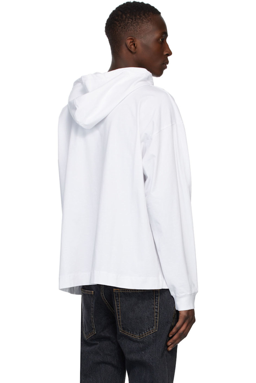 Long sleeve cotton jersey hoodie in white featuring logo graphic printed at sleeve in black.

Supplier color: White